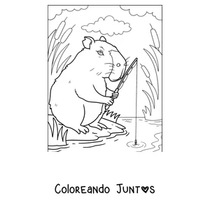 Imagen para colorear de un capibara pescando en la orilla del río