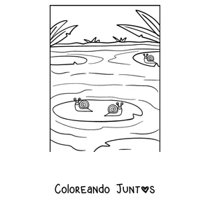 Imagen para colorear de un caracol junto a un estanque con nenúfares