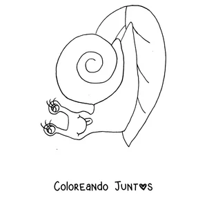 Imagen para colorear de un caracol sobre una hoja con dos caracolitos
