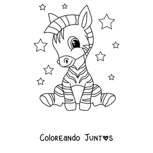 Imagen para colorear de una cebra bebé sentada entre estrellas