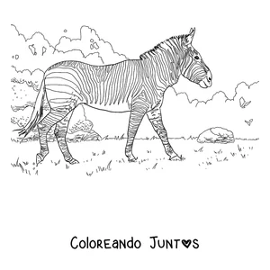 Imagen para colorear de una cebra paseando por la sabana