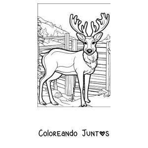 Imagen para colorear de un ciervo de grandes astas junto a una cerca
