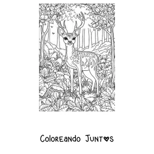 Imagen para colorear de un ciervo entre la vegetación del bosque
