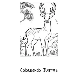 Imagen para colorear de un ciervo joven con manchas entre los árboles