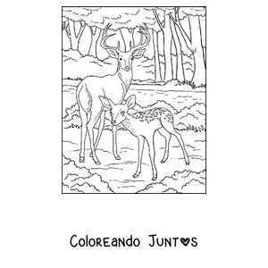 Imagen para colorear de un ciervo y un cervatillo en el bosque