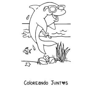 Imagen para colorear de un delfín con gafas de sol en la playa