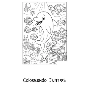 Imagen para colorear de un delfín explorando el fondo del mar con un cofre del tesoro