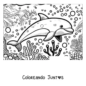 Imagen para colorear de un delfín nadando en el arrecife de coral