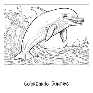 Imagen para colorear de un delfín realista saltando entre las olas