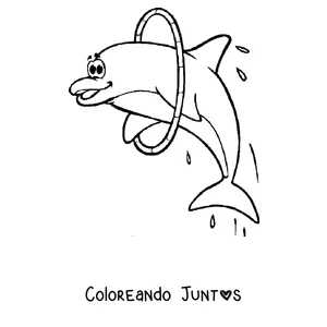 Imagen para colorear de un delfín saltando a través de un aro