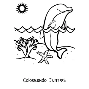 Imagen para colorear de un delfín saltando frente al sol