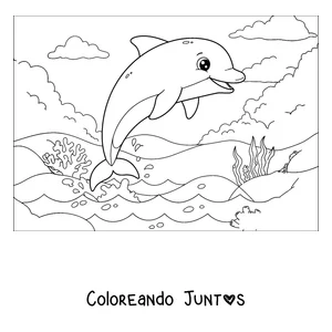 Imagen para colorear de un delfín saltando sobre el mar