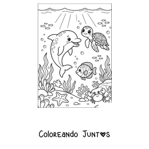Imagen para colorear de un delfín jugando con una tortuga marina