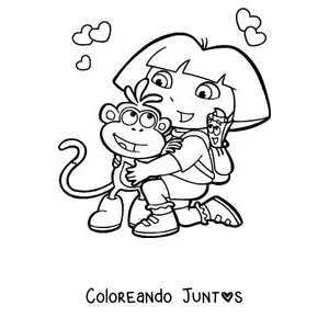 Imagen para colorear de Dora la Exploradora abrazando a Botas con un helado