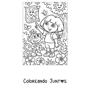 Imagen para colorear de Dora la Exploradora señalando el Mapa junto a Botas