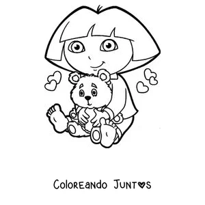 Imagen para colorear de Dora la Exploradora abrazando a un osito de peluche