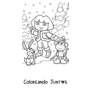 Imagen para colorear de Dora la Exploradora en la nieve con Botas y un conejo