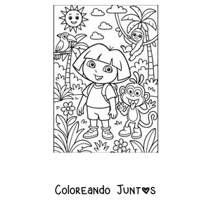Imagen para colorear de Dora la Exploradora explorando la selva con un loro