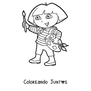Imagen para colorear de Dora la Exploradora pintando con una paleta y un pincel