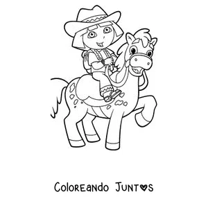 Imagen para colorear de Dora la Exploradora vestida de vaquera montando a caballo