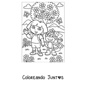 Imagen para colorear de Dora la Exploradora y Botas en un campo de flores