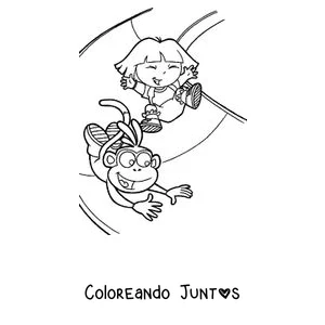 Imagen para colorear de Dora la Exploradora y Botas columpiándose en una liana