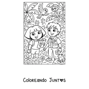 Imagen para colorear de Dora la Exploradora y su primo Diego en la selva