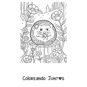 Imagen para colorear de un erizo acurrucado en una bola sobre un tronco