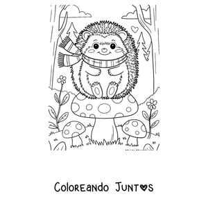 Imagen para colorear de un erizo con bufanda entre los hongos