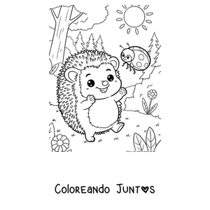 Imagen para colorear de un erizo bebé jugando con una mariquita