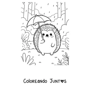 Imagen para colorear de un erizo con paraguas bajo la lluvia
