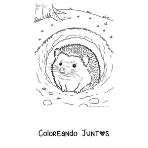 Imagen para colorear de un erizo asomándose desde su madriguera