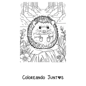 Imagen para colorear de un erizo sentado en un tronco del bosque