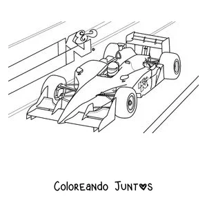 Imagen para colorear de un auto de Fórmula 1 a toda velocidad con líneas de movimiento