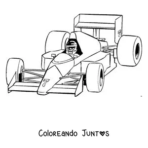 Imagen para colorear de un auto de Fórmula 1 con su piloto sentado en la cabina