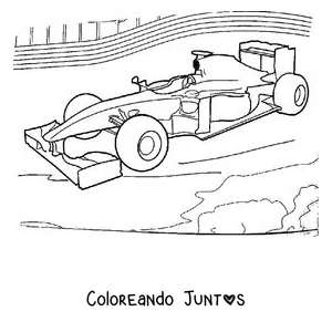 Imagen para colorear de un auto de Fórmula 1 de perfil corriendo en el circuito