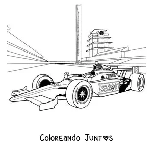 Imagen para colorear de un auto de Fórmula 1 corriendo en el circuito frente a las tribunas