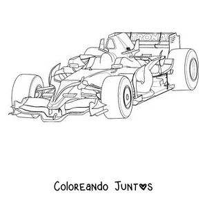 Imagen para colorear de un auto de Fórmula 1 visto de tres cuartos desde adelante
