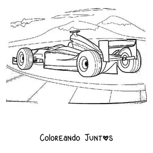 Imagen para colorear de un auto de Fórmula 1 visto desde atrás con el paisaje del circuito