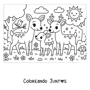Imagen para colorear de una familia de ciervos en el bosque