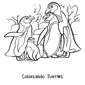 Imagen para colorear de una familia de pingüinos con su pichón