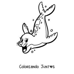 Imagen para colorear de una foca buceando entre burbujas