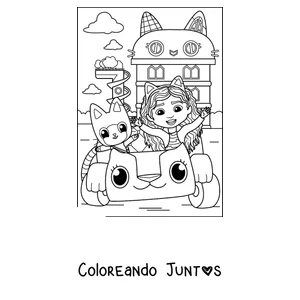 Imagen para colorear de Gabby y Pandy Paws paseando en el auto Carlita frente a la casa de muñecas