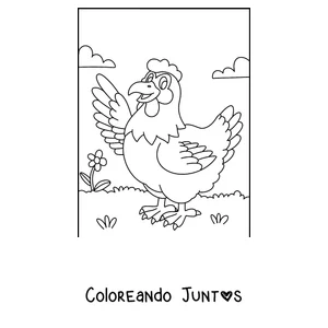 Imagen para colorear de una gallina de dibujos animados saludando con el ala