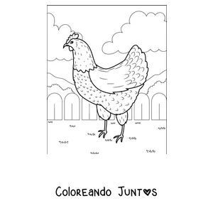 Imagen para colorear de una gallina detallada caminando por el corral