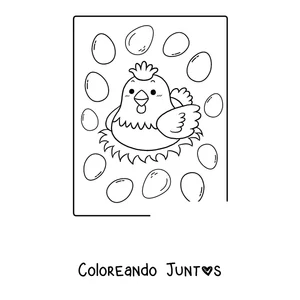 Imagen para colorear de una gallina en el nido rodeada de huevos