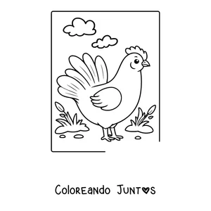 Imagen para colorear de una gallina parada en el pasto