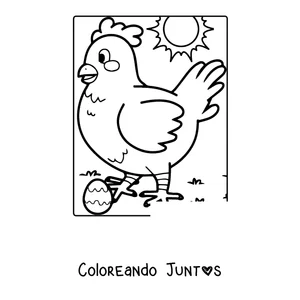 Imagen para colorear de una gallina caminando bajo el sol con un huevo