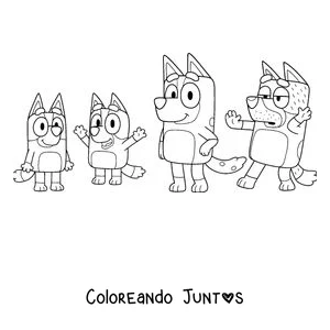 Imagen para colorear de la familia Heeler: Bluey, Bingo, Chilli y Bandit