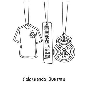 Imagen para colorear de tres colgantes del Real Madrid: una camiseta, un cartel y el escudo